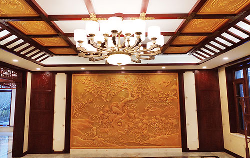 陕西中式别墅客厅中式木作横梁吊顶装饰展示