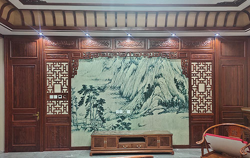 陕西中式仿古别墅客厅背景墙花格木作装饰